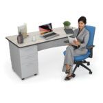 Avid Modular Desk 91776 72x30 Single Pedestal Desk Front w Props Gray Elm Black Edgeband w Model in Elate Task Blue 35712.1612560949.1280.1280